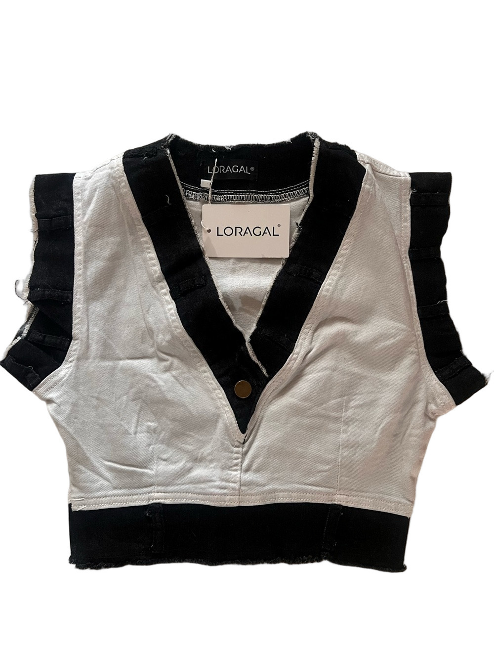 Loragal NWT Cream & Black Denim Crop Top Raw Edges - Size Small